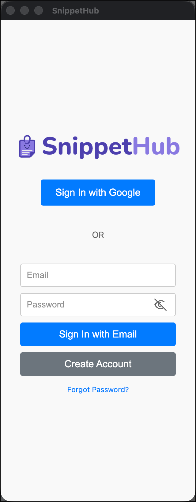 SnippetHub Sign In Screen